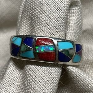 Sterling Tribal Inlay Turquoise Opal Ring Sz 13